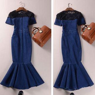 Lace Panel Mermaid Sheath Denim Dress