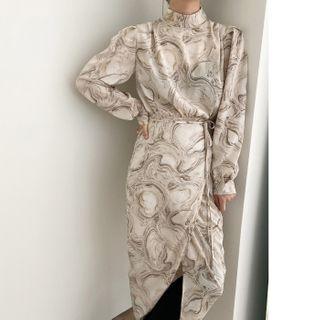 Long-sleeve Printed Midi Shift Dress As Shown In Figure - One Size