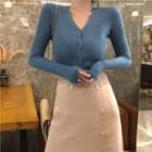 Set: V-neck Knit Jacket + Knitted A-line Skirt