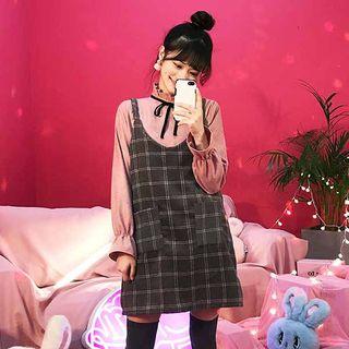Dual-pocket Plaid Pinafore Dress