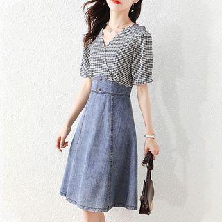 Short Sleeve V-neck Gingham Panel Denim A-line Dress