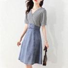 Short Sleeve V-neck Gingham Panel Denim A-line Dress