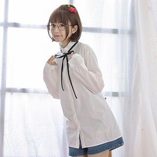 Ribbon Stand-collar Long-sleeve Blouse