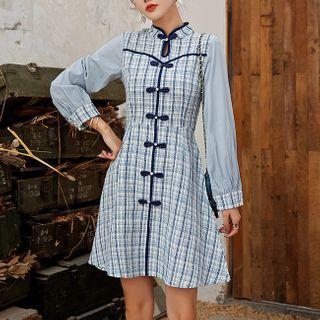 Long-sleeve Frog Buttoned Tweed Mini Dress