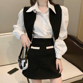 Long-sleeve Shirt / Mini A-line Skirt / Zip Vest