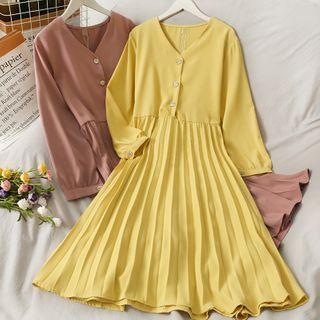 Tie-back Pleated V-neck Midi Dress