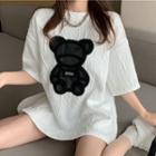 Elbow-sleeve Bear Patch Lettering Embossed T-shirt