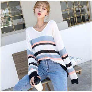 Striped Knit Pullover White - One Size