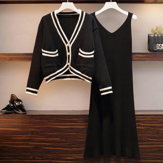 Contrast Trim Knit Cardigan / Plain Midi A-line Tank Dress / Set