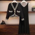 Contrast Trim Knit Cardigan / Plain Midi A-line Tank Dress / Set