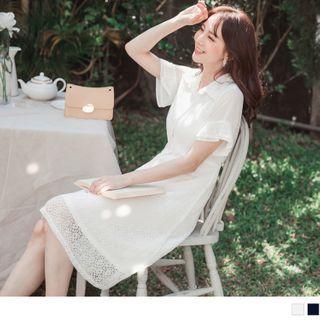 Ruffle Sleeve Tie-waist Lace Shirtdress