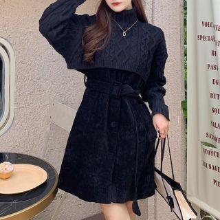 Sleeveless A-line Dress / Mock-neck Crop Sweater