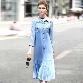 3/4-sleeve Pleated Hem Shirtdress