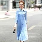 3/4-sleeve Pleated Hem Shirtdress