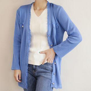 Fray-edge Metallic-button Long Cardigan