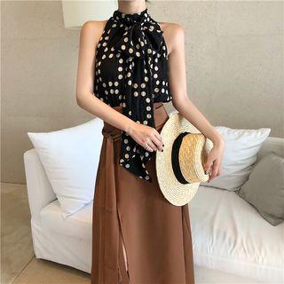 Polka Dot Tie-neck Halter Top / Slit A-line Maxi Skirt