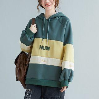 Color Block Letter Embroidered Hoodie Green - One Size