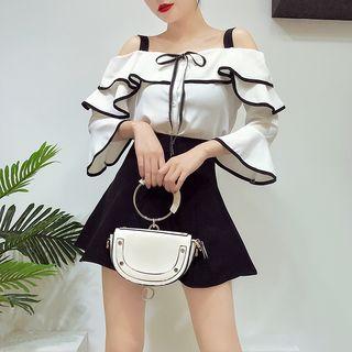 Set: 3/4-sleeve Off Shoulder Blouse + A-line Skirt