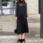 Long-sleeve Mock Neck T-shirt / Spaghetti-strap Accordion Pleat Midi Dress