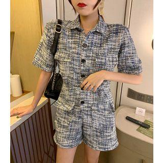 Short-sleeve Tweed Playsuit Black - One Size