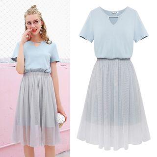 Set: Short-sleeve Dress + Mesh Skirt