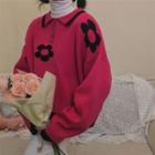 Polo-neck Floral Print Sweater Rose Pink - One Size