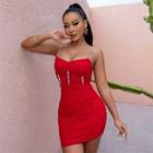 Spaghetti-strap Rhinestone Ruched Bodycon Dress
