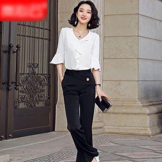 Elbow-sleeve Ruffle Blouse / Midi Mermaid Skirt / Boot-cut Dress Pants / Set