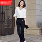 Elbow-sleeve Ruffle Blouse / Midi Mermaid Skirt / Boot-cut Dress Pants / Set