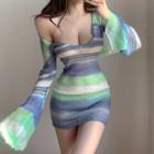 Bell-sleeve V-neck Striped Knit Mini Bodycon Dress