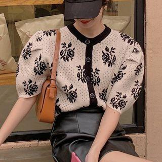 Puff-sleeve Flower Print Cardigan