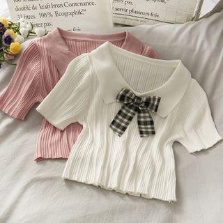 Collared Ribbon-neckline Crop Knit Top