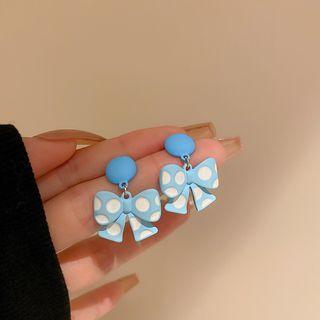 Polka Dot Bow Alloy Dangle Earring 1 Pair - Dangle Earring - Silver Pin - Bow - Blue - One Size