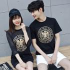 Couple Matching Print Short-sleeve T-shirt / Mesh Panel Dress