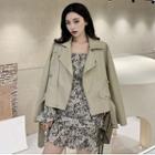 Faux Leather Jacket / Long-sleeve Floral Print Mini A-line Dress
