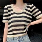 Short-sleeve Striped Knit Crop Top Stripes - Black & Off-white - One Size
