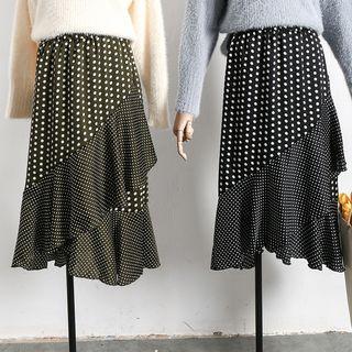 Patchwork Ruffled Dotted Midi Skirt