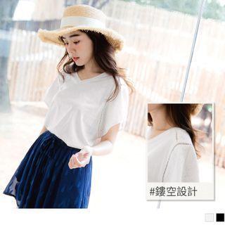 Short-sleeve V-neck Plain Panel Top