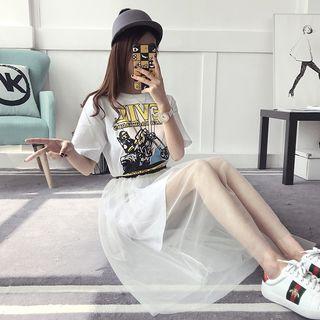 Set: Printed Elbow Sleeve T-shirt Dress + Midi Tulle Skirt
