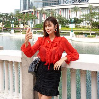 Tie-neck Ruffle-trim Dotted Top