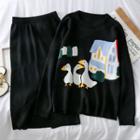 Set: Loose-fit Printed Sweater + A-line Skirt Black - One Size