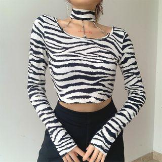 Zebra Print Long-sleeve Halter Crop Top