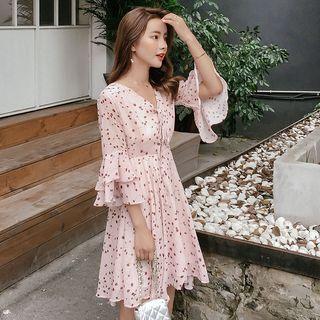 3/4-sleeve Printed Frill-trim A-line Dress
