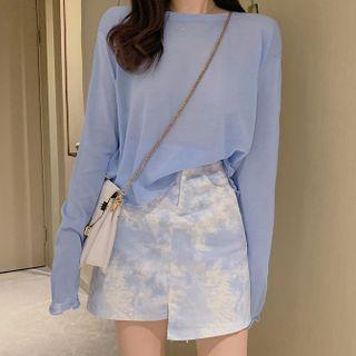 Plain Long-sleeve T-shirt / Irregular Hem Mini Straight-fit Skirt