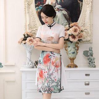 Short-sleeve Beaded Printed Cheongsam