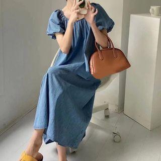 Puff-sleeve Open-back Denim A-line Dress