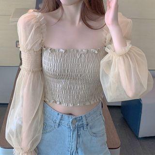 Long-sleeve Lace Panel Mesh Slim-fit Cropped Top