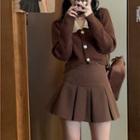 Contrast Collar Cardigan / Pleated Mini Skirt