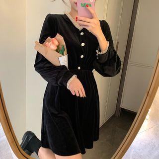 Long-sleeve Lace-detail Button Velvet Dress