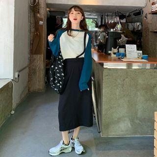Raglan Long-sleeve Knit Top / Single-strap Midi Jumper Skirt